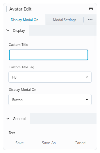 Avatar Edit module settings showing the Display Modal On trigger options