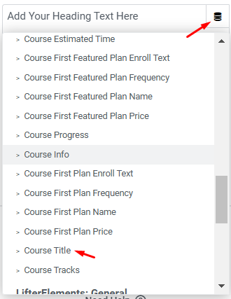 The LifterElements: Course group in the Elementor dynamic tag picker, with Course Title selected