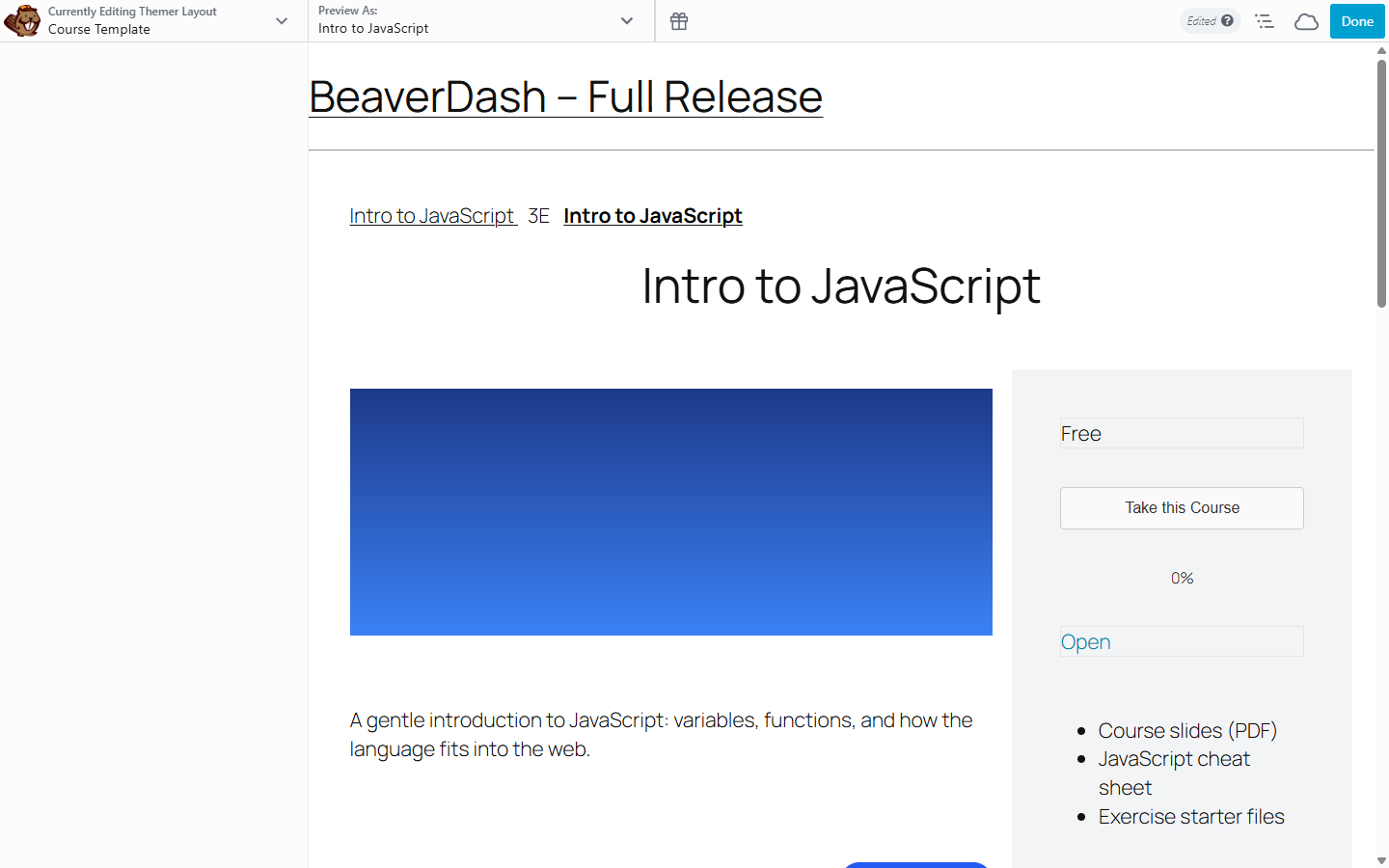 Beaver Builder layout with a heading connected to the course title field connection and an image module for the featured image