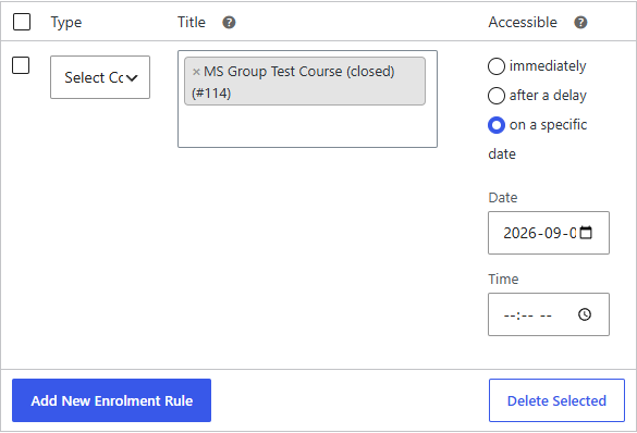 A Course Enrolment rule with "on a specific date" selected, showing a date and time picker