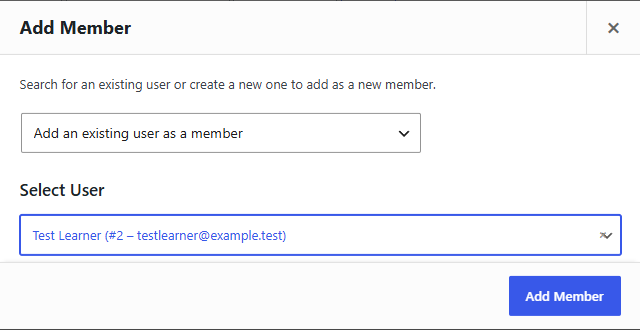 WooCommerce Memberships Add Member dialog set to "Add an existing user as a member" with an existing user selected
