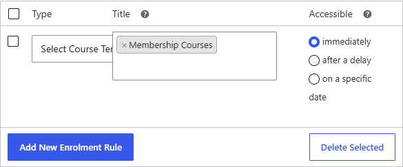 A Course Enrolment rule with Type set to "Select Course Terms" and a course category selected in the Title field