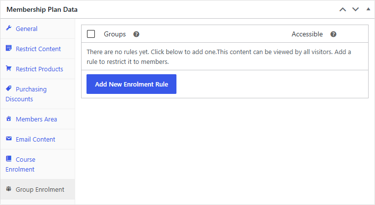 MemberDash Group Enrolment tab on a membership plan, empty, with an Add New Enrolment Rule button