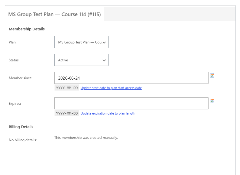 User membership edit screen: the Plan selector, the Status dropdown set to Active, and the Member since / Expires dates