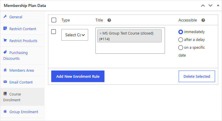 Membership plan editor with the MemberDash Course Enrolment tab active and a rule granting a course, with immediately / after a delay / on a specific date scheduling options