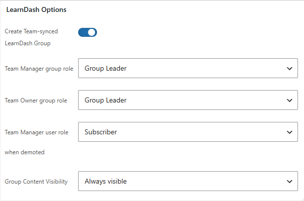 The MemberSync product tab showing the LearnDash Options: Create Team-synced Group, Team Manager and Owner group role, demoted role, and Group Content Visibility