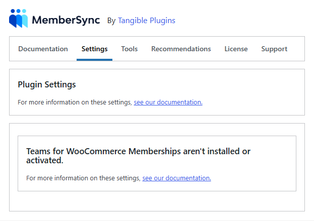 The Settings tab showing a "Teams for WooCommerce Memberships aren't installed or activated" notice in place of the settings fields
