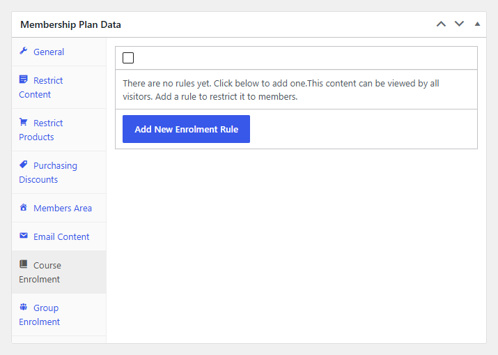 The Course Enrolment tab on a membership plan