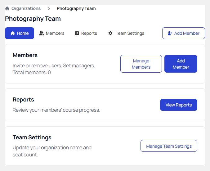 An organization's management page in the MemberSync Group Dashboard