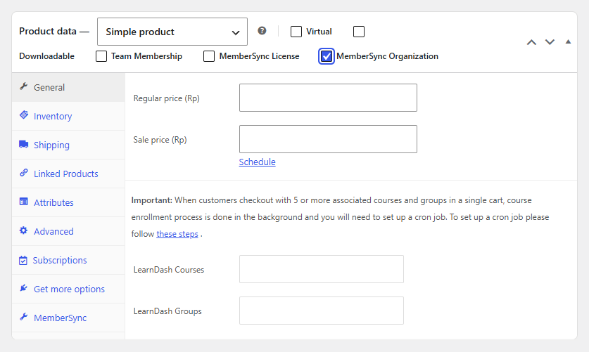 MemberSync Organization product, General tab