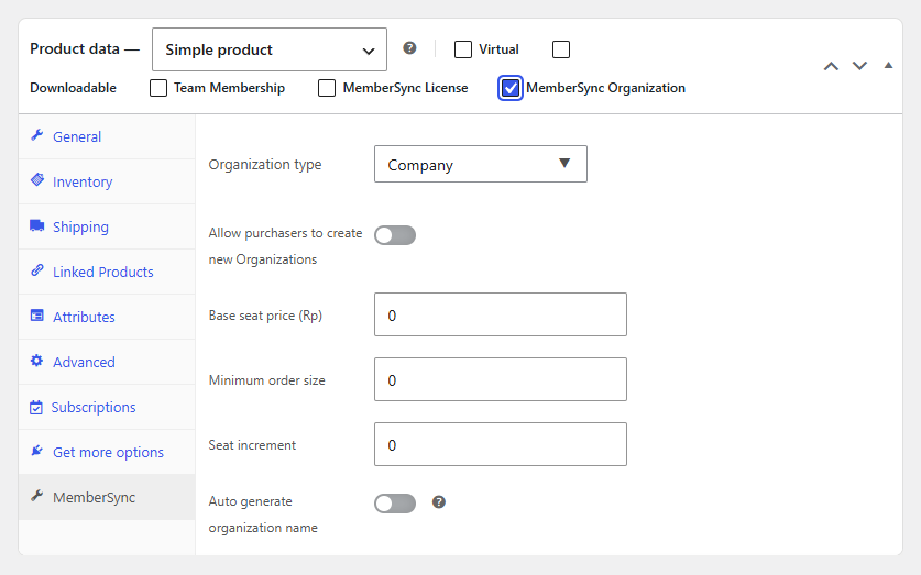 Organization settings on a MemberSync Organization product