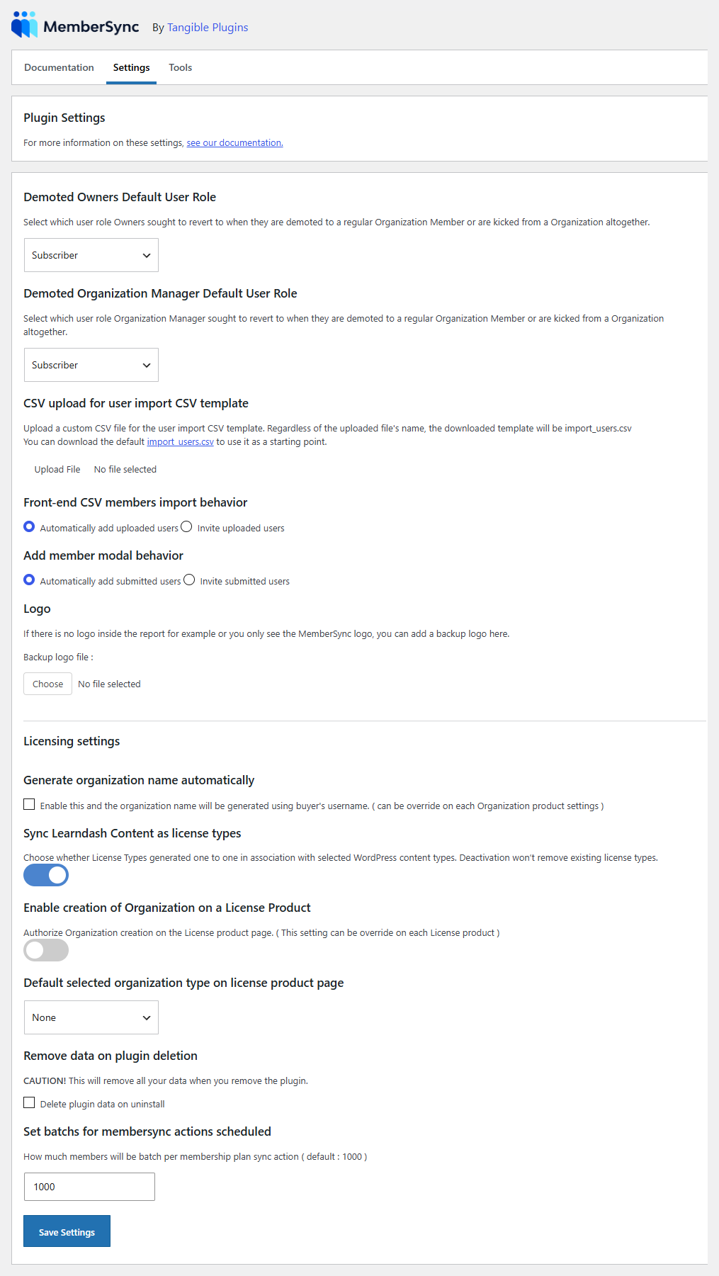 The Settings tab