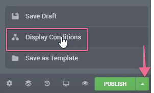 Elementor publish menu with the Display Conditions option