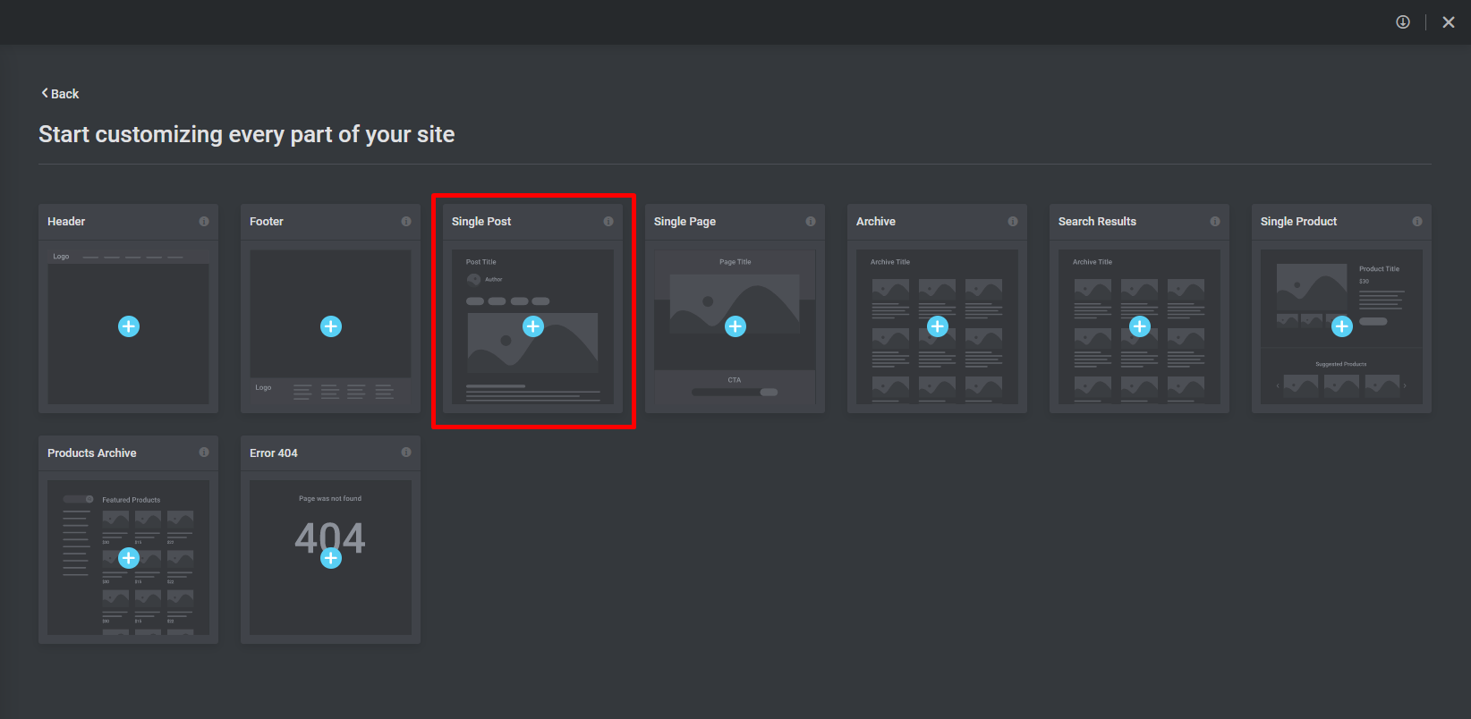 Elementor template type dialog with Single Post selected